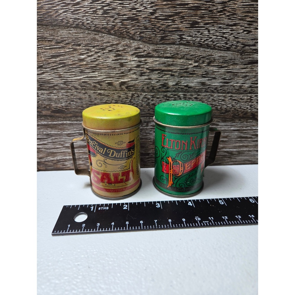 Vintage Percival Duffin Elton Kirby Tin Salt and Pepper Shakers Metal Mug‎ Set